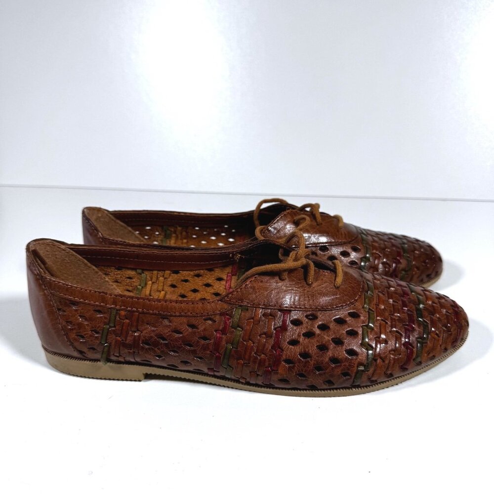 Vintage Brown Woven Leather Lace-Up Flats